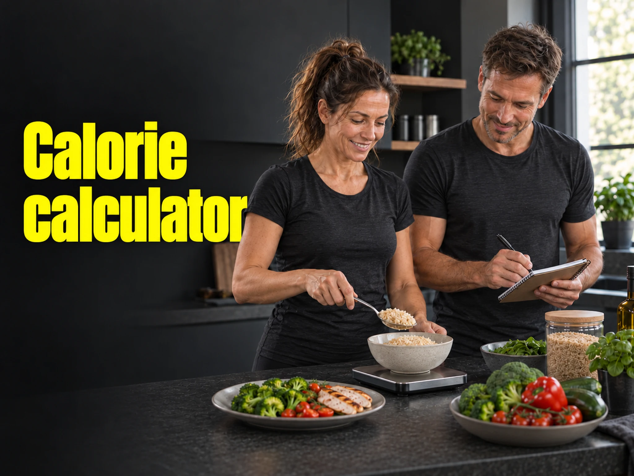 Calorie calculator – Woman and man weighing a food portion on kitchen scales