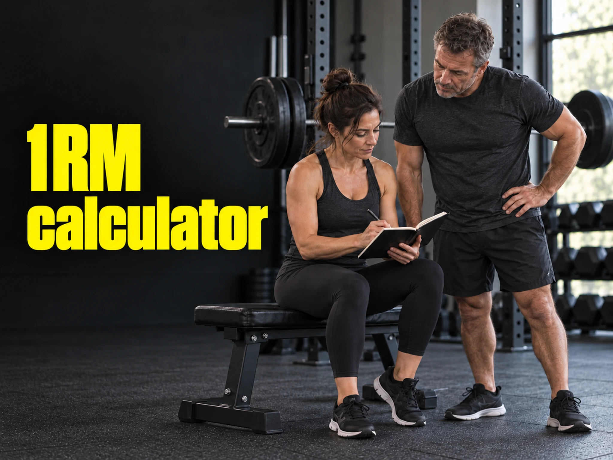 1RM calculator – Woman and man planning training loads in a gym