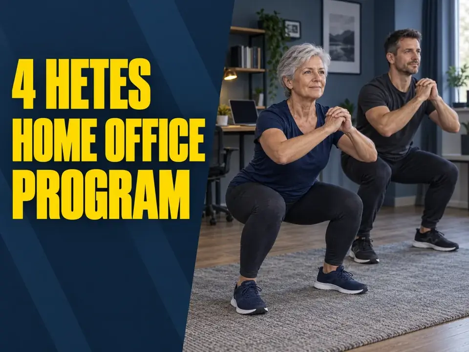 Home office program – idősebb nő és középkorú férfi saját testsúlyos edzése